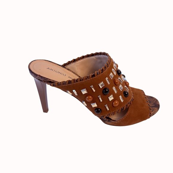 Antonio Melani Studded Mule Shoes Size 8 Beaded Brown Suede Heels Boho Hippie - Picture 14 of 14